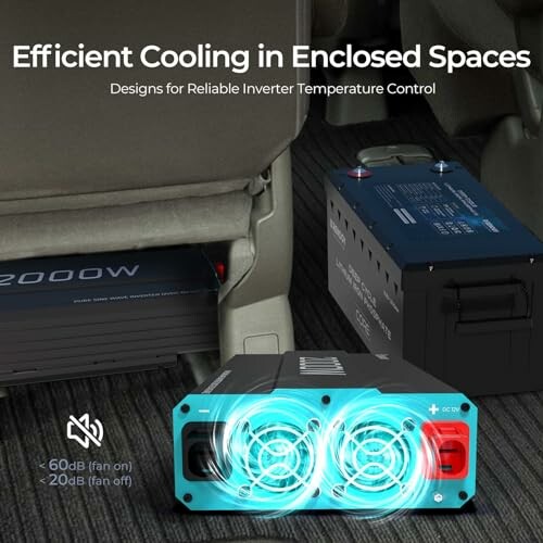 Inverter cooling system with fans and battery in enclosed space.