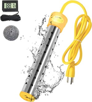 Electric water heater rod with digital thermometer and cleaning brush.