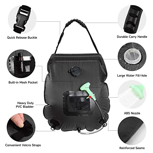 Image showing features of a black portable shower bag with hose and nozzle.