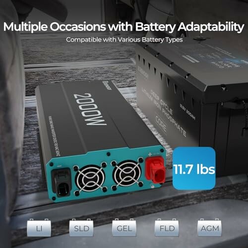 Power inverter showcasing battery adaptability for multiple occasions.