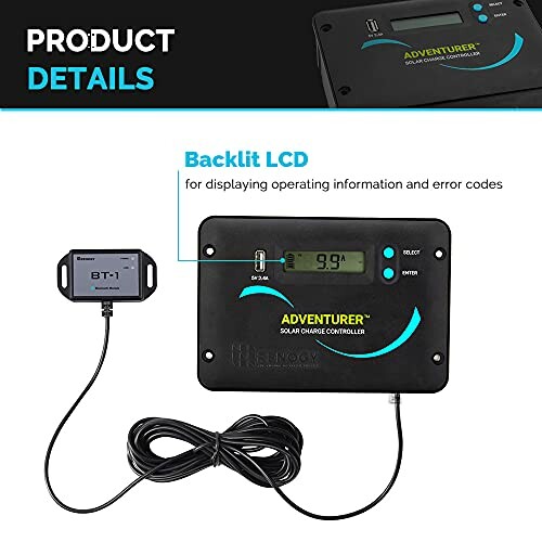 Solar charge controller with backlit LCD display.