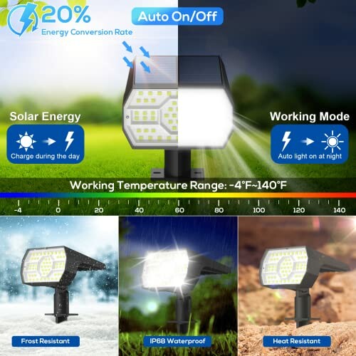 Solar light showcasing energy conversion, auto on/off, solar charging, and working modes.