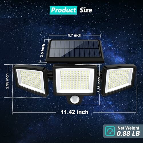 Dimensions of a solar motion sensor light with three panels and sensor in starry background.