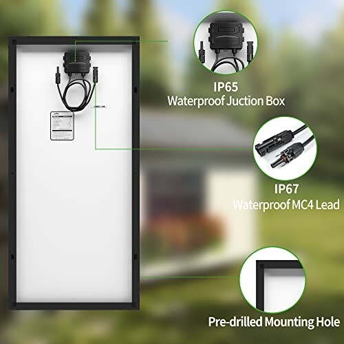 Back view of a solar panel showing waterproof junction box, MC4 lead, and mounting hole.