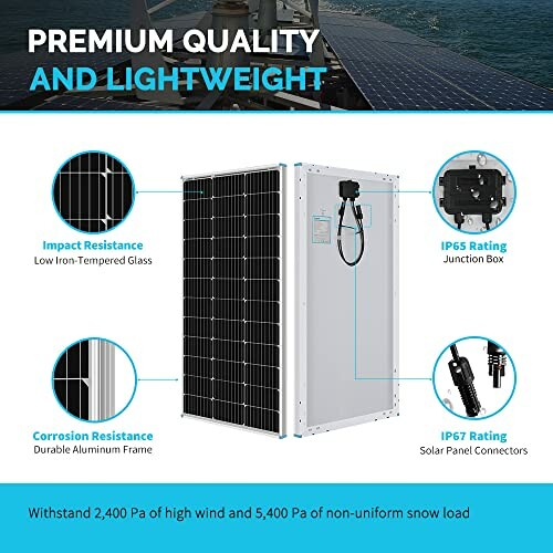 Solar panel with features: impact resistance, corrosion resistance, IP65 junction box, IP67 connectors.