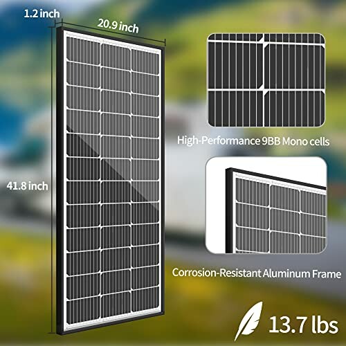 Solar panel with dimensions and features including high-performance 9BB mono cells and corrosion-resistant aluminum frame.