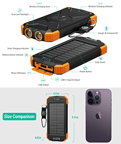 Dual USB solar power bank with wireless charging and compass.