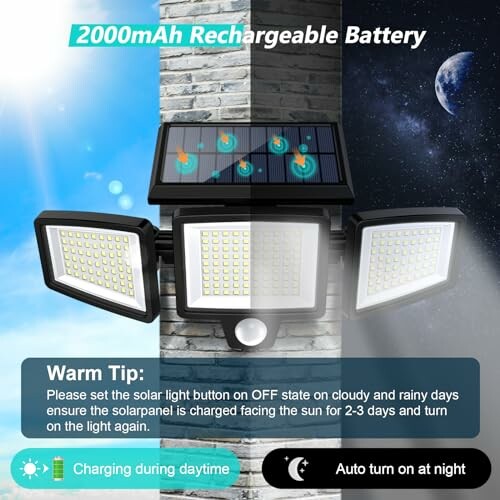 Solar-powered security light with rechargeable battery and dual-mode operation.