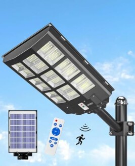 Solar street light with remote control and motion sensor.