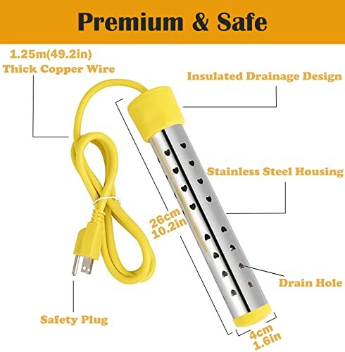 Diagram of a premium safe water heater rod with features labeled.